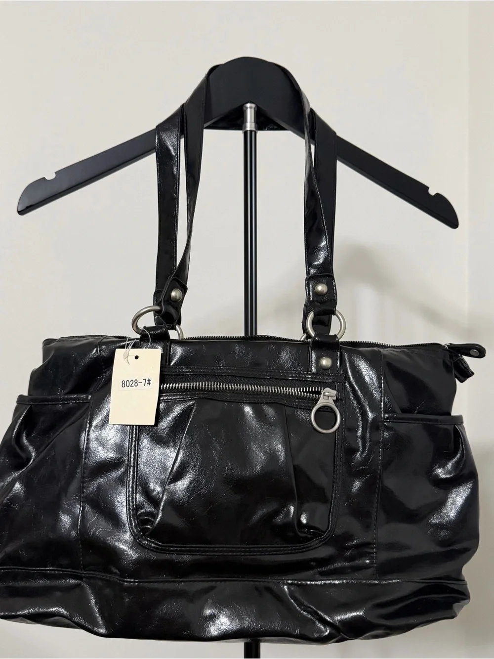 Avenue Black Patent Shoulder Tote with Front Zip Pocket